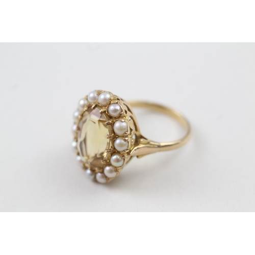 111 - 9ct gold citrine & seed pearl dress ring (5.9g) Size  P