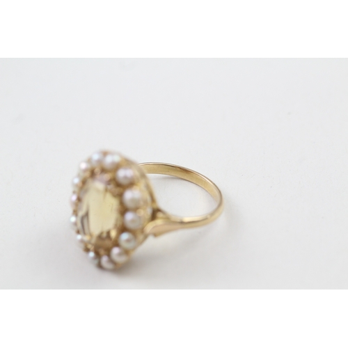 111 - 9ct gold citrine & seed pearl dress ring (5.9g) Size  P