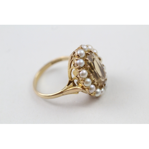 111 - 9ct gold citrine & seed pearl dress ring (5.9g) Size  P