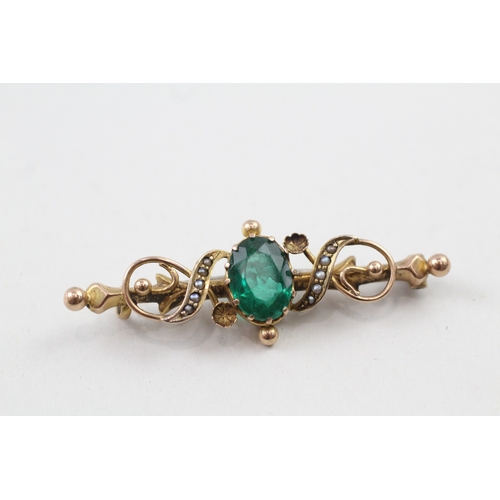 112 - 9ct gold antique emerald paste & seed pearl brooch (3.6g)