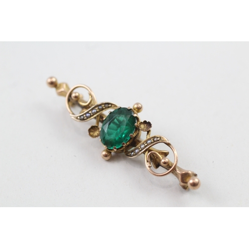 112 - 9ct gold antique emerald paste & seed pearl brooch (3.6g)