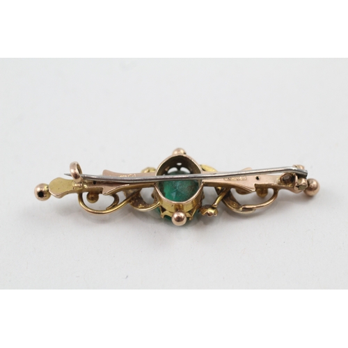 112 - 9ct gold antique emerald paste & seed pearl brooch (3.6g)