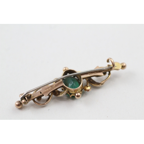 112 - 9ct gold antique emerald paste & seed pearl brooch (3.6g)