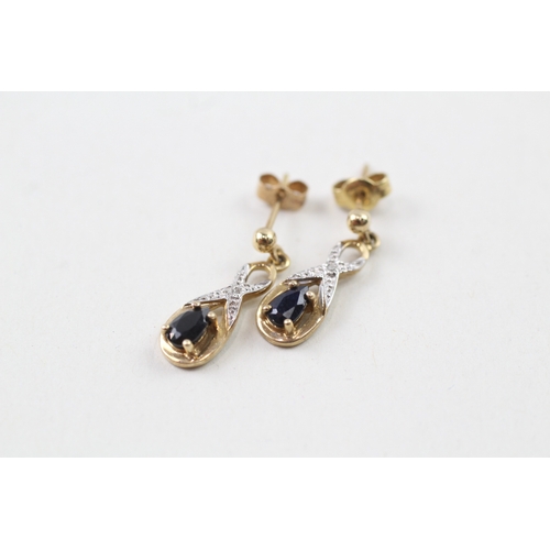 146 - 9ct gold sapphire and diamond drop earrings with posts (1.5g)