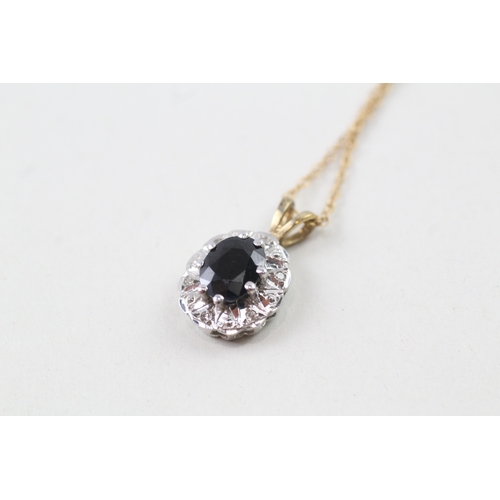 158 - 9ct gold sapphire and diamond halo pendant with 9ct gold chain (2.5g)