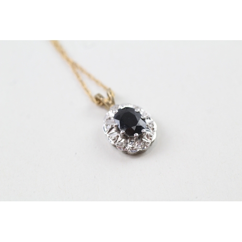 158 - 9ct gold sapphire and diamond halo pendant with 9ct gold chain (2.5g)