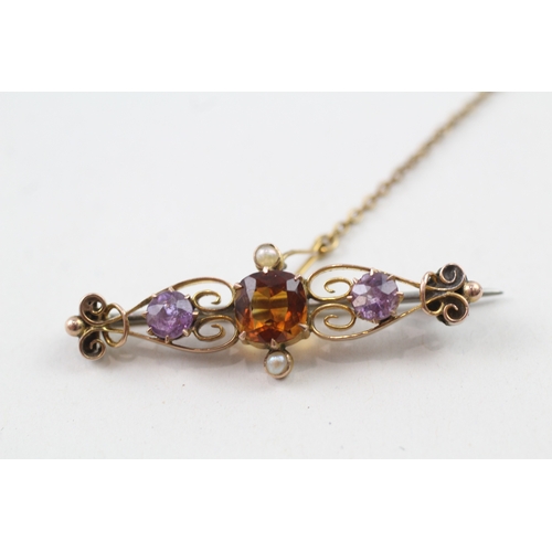 163 - 9ct gold antique citrine, amethyst and seed pearl brooch (4.1g)