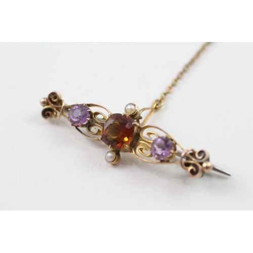 163 - 9ct gold antique citrine, amethyst and seed pearl brooch (4.1g)