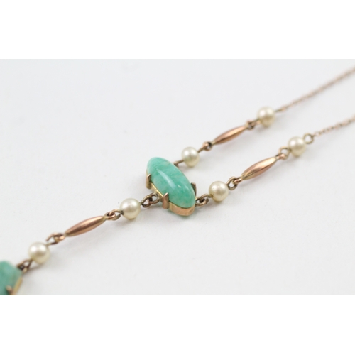 165 - 9ct gold art deco amazonite and simulated pearl drop pendant necklace (3.3g)