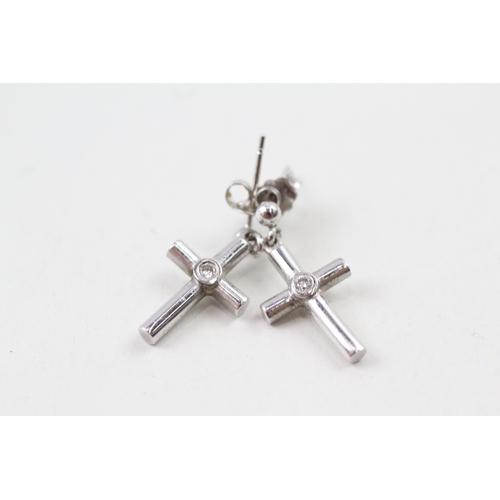 170 - 9ct white gold diamond set cross drop earrings with posts (2.9g)