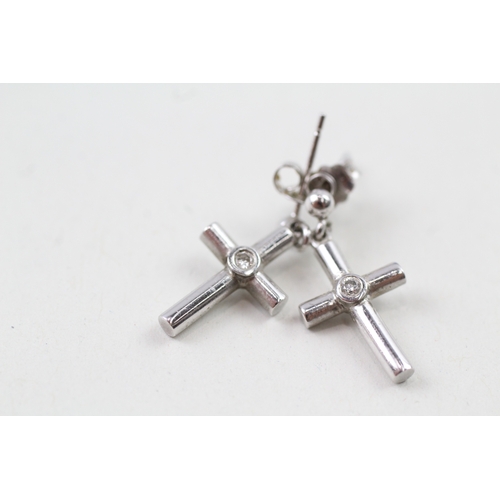 170 - 9ct white gold diamond set cross drop earrings with posts (2.9g)