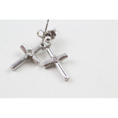 170 - 9ct white gold diamond set cross drop earrings with posts (2.9g)