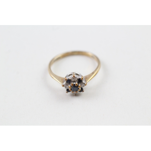 176 - 9ct gold sapphire and diamond floral cluster dress ring (1.5g) Size  K