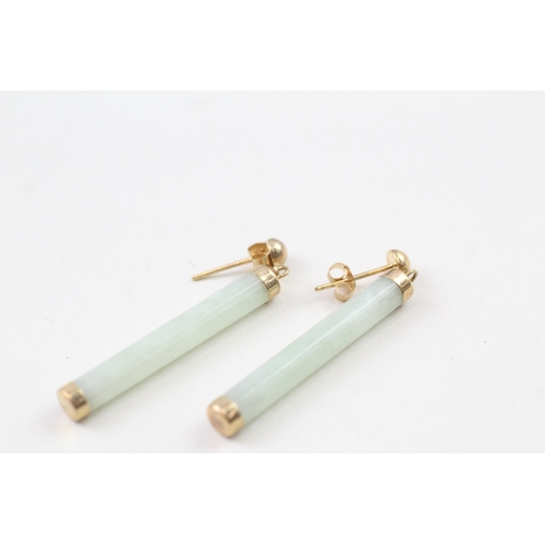 181 - 9ct gold jade bar drop earrings with posts (3.4g)