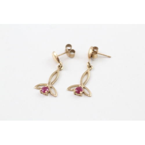 187 - 9ct gold ruby drop earrings with scroll backs (1g)