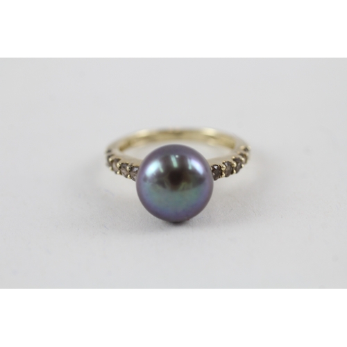 217 - 9ct gold cultured pearl dress ring with gemstone shoulders (2.4g) Size  J 1/2