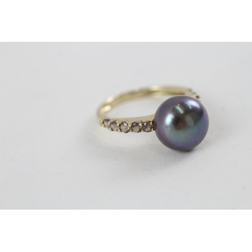 217 - 9ct gold cultured pearl dress ring with gemstone shoulders (2.4g) Size  J 1/2