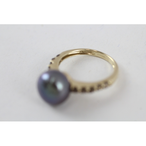 217 - 9ct gold cultured pearl dress ring with gemstone shoulders (2.4g) Size  J 1/2