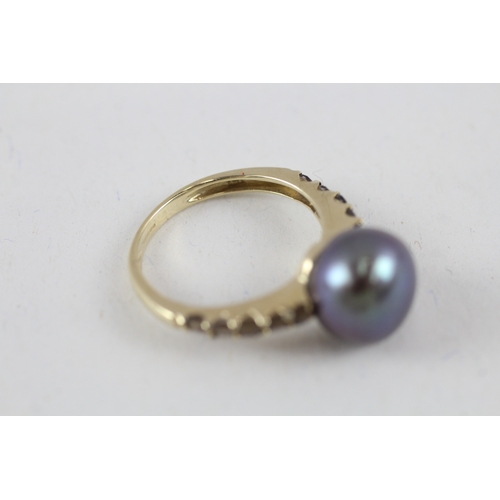 217 - 9ct gold cultured pearl dress ring with gemstone shoulders (2.4g) Size  J 1/2