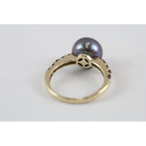 217 - 9ct gold cultured pearl dress ring with gemstone shoulders (2.4g) Size  J 1/2