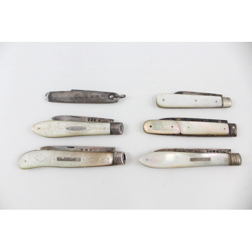 367 - 6 x Antique Hallmarked .925 Sterling Silver Pocket Knives Inc MOP Handles (119g)