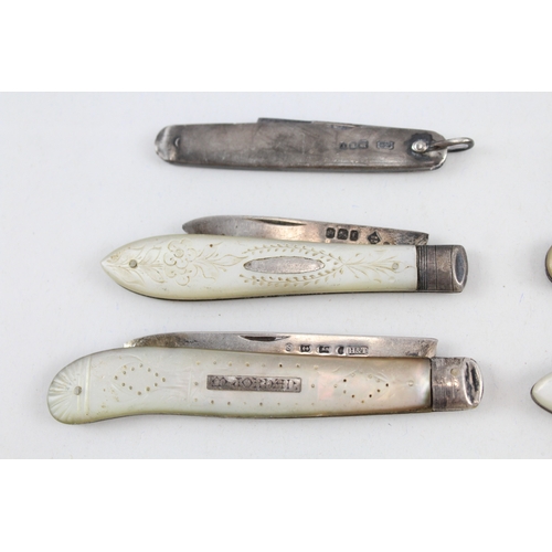 367 - 6 x Antique Hallmarked .925 Sterling Silver Pocket Knives Inc MOP Handles (119g)