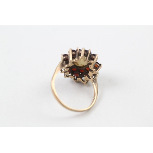 38 - 9ct gold vintage opal and garnet halo cluster cocktail ring (4.2g) Size  R