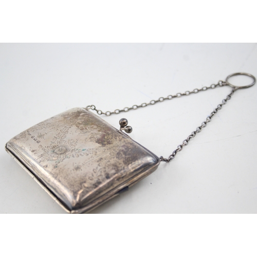 386 - Antique Hallmarked 1917 Birmingham Sterling Silver Ladies Coin Purse / Bag 68g