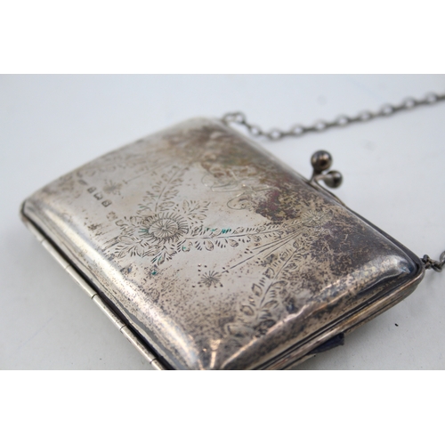 386 - Antique Hallmarked 1917 Birmingham Sterling Silver Ladies Coin Purse / Bag 68g