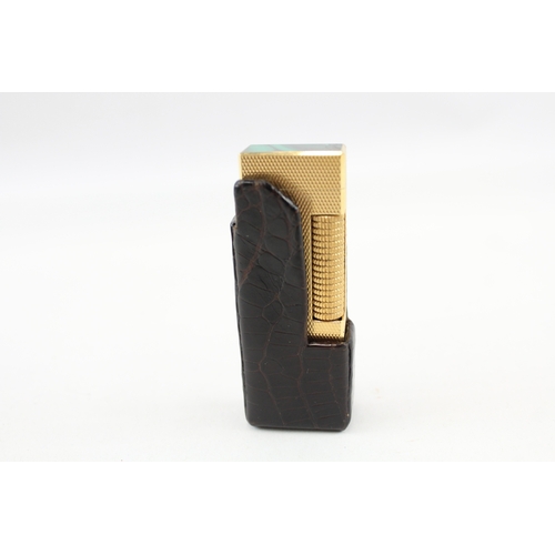 407 - Vintage Dunhill Rollagas Lighter w/ Malachite Detail & Leather Sleeve Good Spark