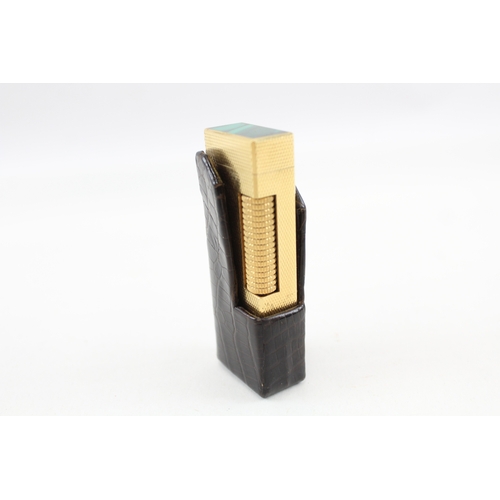 407 - Vintage Dunhill Rollagas Lighter w/ Malachite Detail & Leather Sleeve Good Spark