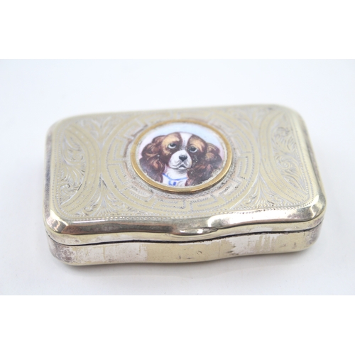 410 - 19th Century Snuff Box w/ King Charles Spaniel Ceramic Panel To Centre