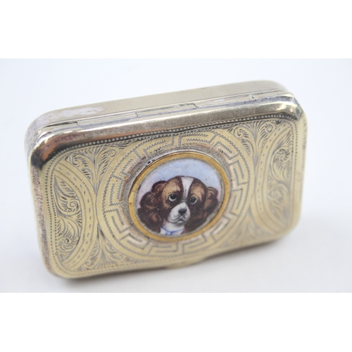 410 - 19th Century Snuff Box w/ King Charles Spaniel Ceramic Panel To Centre