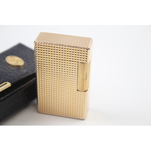 417 - ST Dupont Paris Cigarette / Pocket Lighter Gold Plated Hobnail In Leather Case