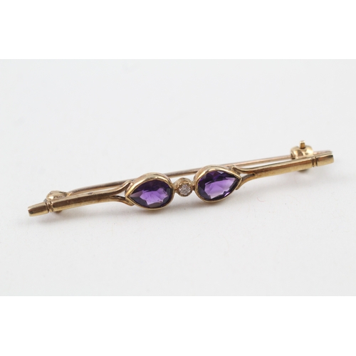 49 - 9ct gold pear cut amethyst and diamond bar brooch (2.4g)