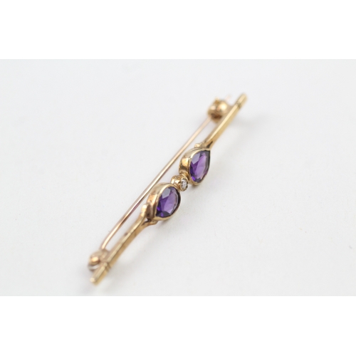 49 - 9ct gold pear cut amethyst and diamond bar brooch (2.4g)