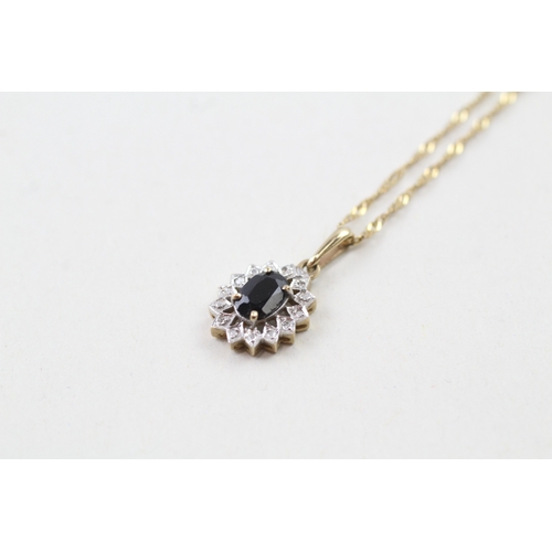 62 - 9ct gold sapphire and diamond halo pendant with 9ct gold chain (1.6g)