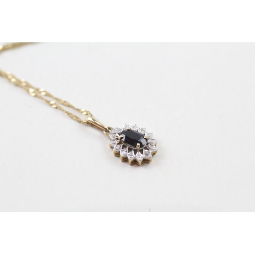 62 - 9ct gold sapphire and diamond halo pendant with 9ct gold chain (1.6g)