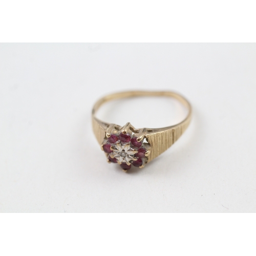 82 - 9ct gold vintage ruby and diamond cluster dress ring (2.2g) AS SEEN - MISHAPEN Size  O