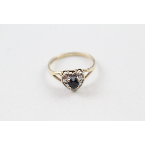 88 - 9ct gold vintage sapphire and diamond halo heart dress ring (1.6g) Size  M