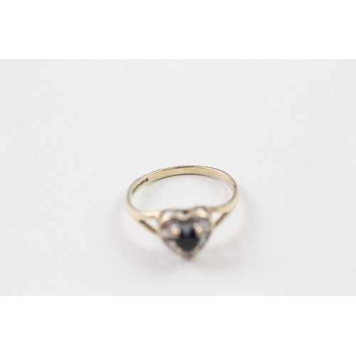 88 - 9ct gold vintage sapphire and diamond halo heart dress ring (1.6g) Size  M