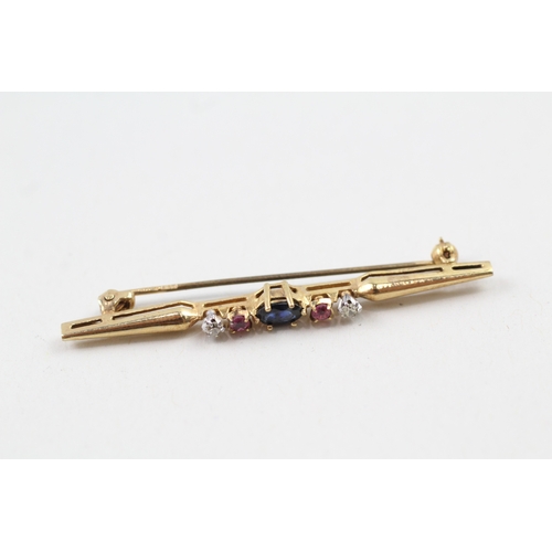 95 - 9ct gold vintage sapphire, ruby and diamond bar brooch (2.1g)