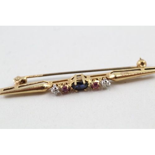 95 - 9ct gold vintage sapphire, ruby and diamond bar brooch (2.1g)