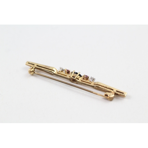 95 - 9ct gold vintage sapphire, ruby and diamond bar brooch (2.1g)