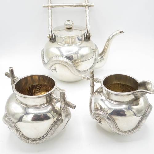 353 - CS Chinese Silver Tea Pot, Cream Jug and Sugar Bowl (850g)