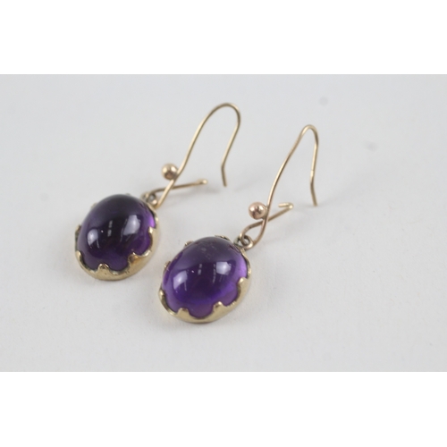 10 - 9ct gold amethyst cabochon drop earrings with shepherd hooks (3.8g)