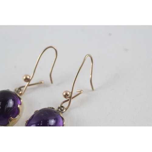 10 - 9ct gold amethyst cabochon drop earrings with shepherd hooks (3.8g)