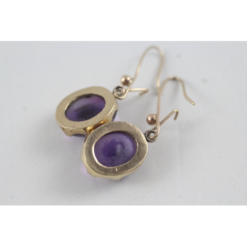 10 - 9ct gold amethyst cabochon drop earrings with shepherd hooks (3.8g)