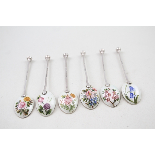 345 - 6 x Vintage 1957 Birmingham Sterling Silver Guilloche Enamel Teaspoons 57g