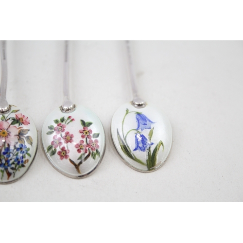 345 - 6 x Vintage 1957 Birmingham Sterling Silver Guilloche Enamel Teaspoons 57g